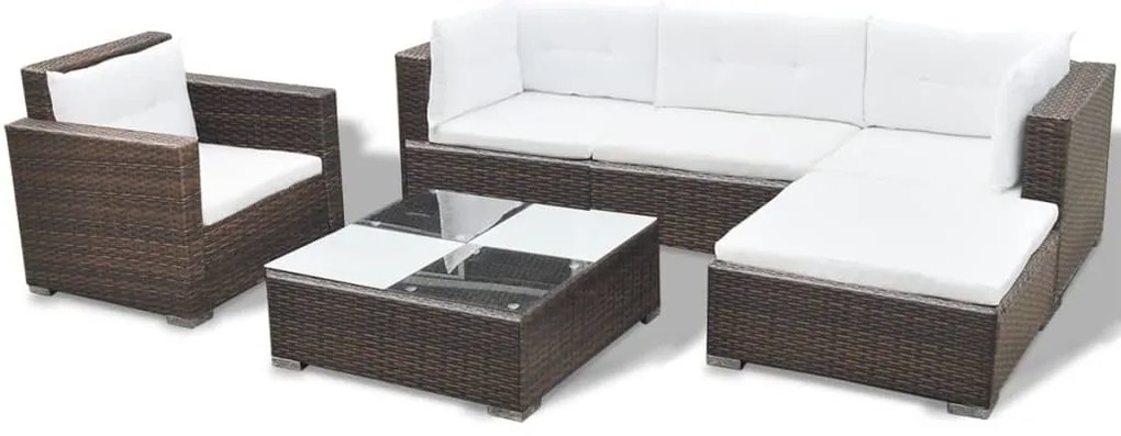 6 pcs conjunto lounge jardim c/ almofadões vime PE castanho