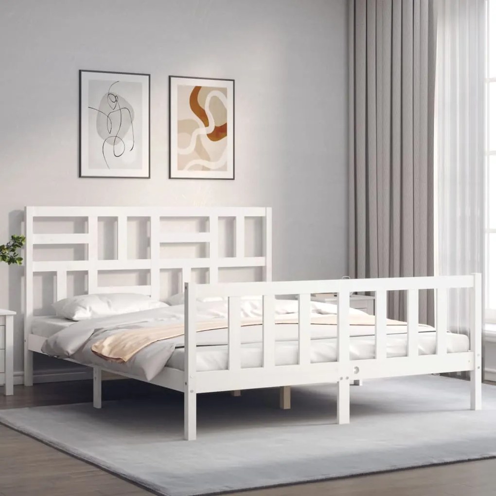 vidaXL Estrutura de cama King Size com cabeceira madeira maciça branco