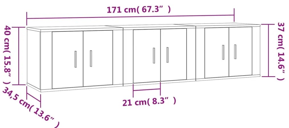 Móveis de TV de parede 3 pcs 57x34,5x40 cm branco
