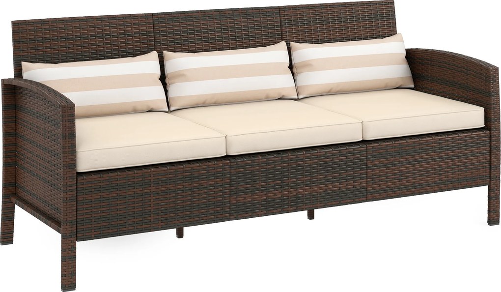 Outsunny Sofá em rattan com almofadas, 3 lugares, sofá lounge para jardim, aço, castanho, 173 x 68 x 78 cm | Aosom Portugal