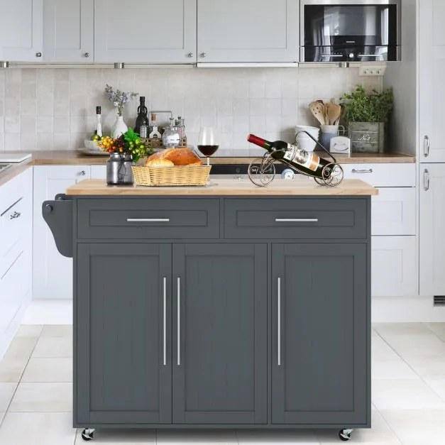 Carrinho de cozinha com rodas 121,5 cm x 45,5 cm x 92,5 cm, 2 gavetas, 2 armários, ilha de cozinha com rodas, porta-toalhas, facas, prateleira ajustáv