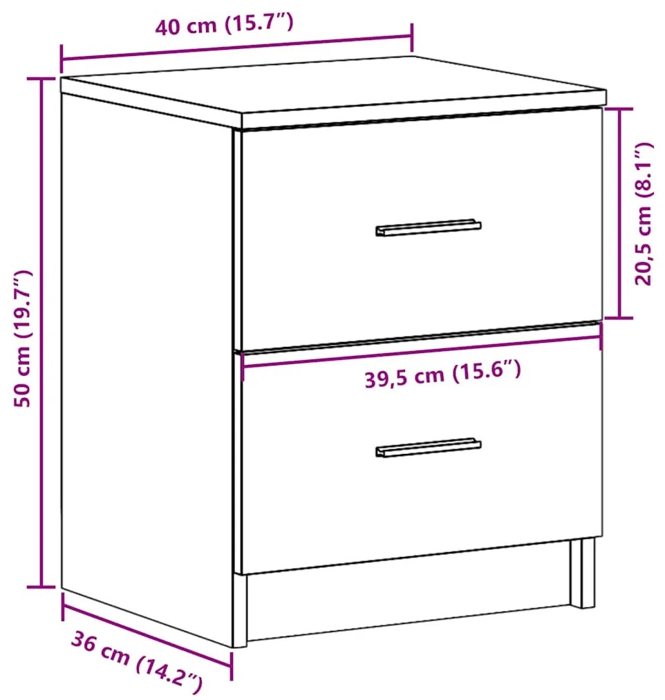 Mesa de cabeceira com 2 gavetas 40x36x50 cm cinzento sonoma