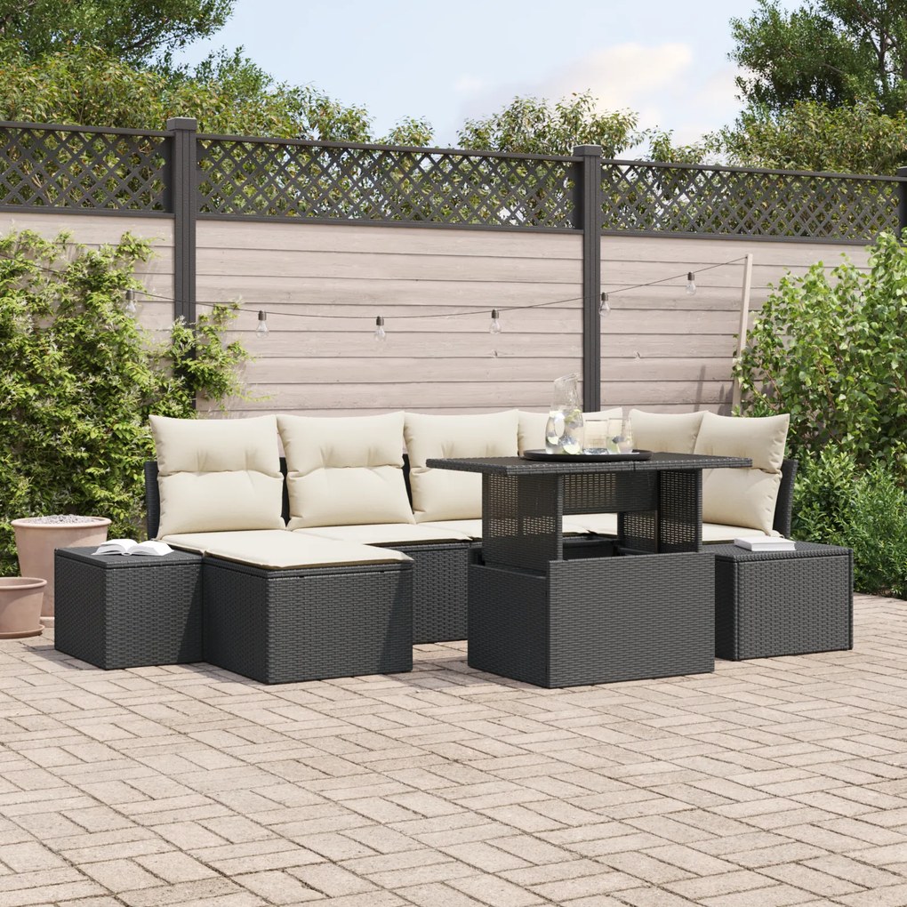 Conjunto de Sofás de Jardim com 7 Peças e Almofadas Preto em Rattan Si