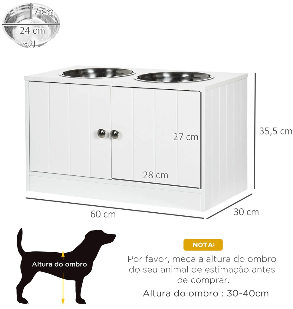 Comedouro Elevado para Cães Grandes com 2 Tigelas de 2000ml de Aço Inoxidável 2 Portas e Armazenamento 60x30x35,5cm Branco