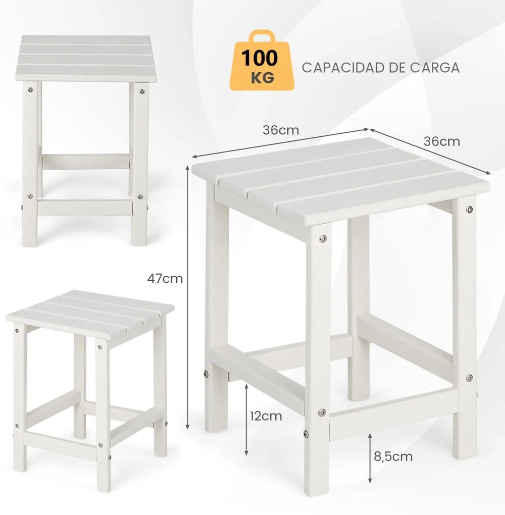 Mesa quadrada para jardim para exterior 36 x 36 x 47 cm resistente às intempéries em HDPE Branca