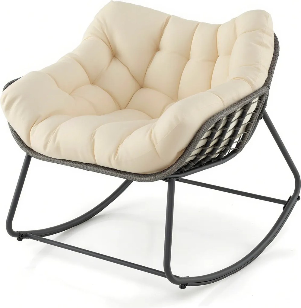 Cadeira de baloiço de rattan para exterior, cadeira de vime em PE com almofada grossa e removível, para sala de estar, varanda e jardim, Cinza misto e