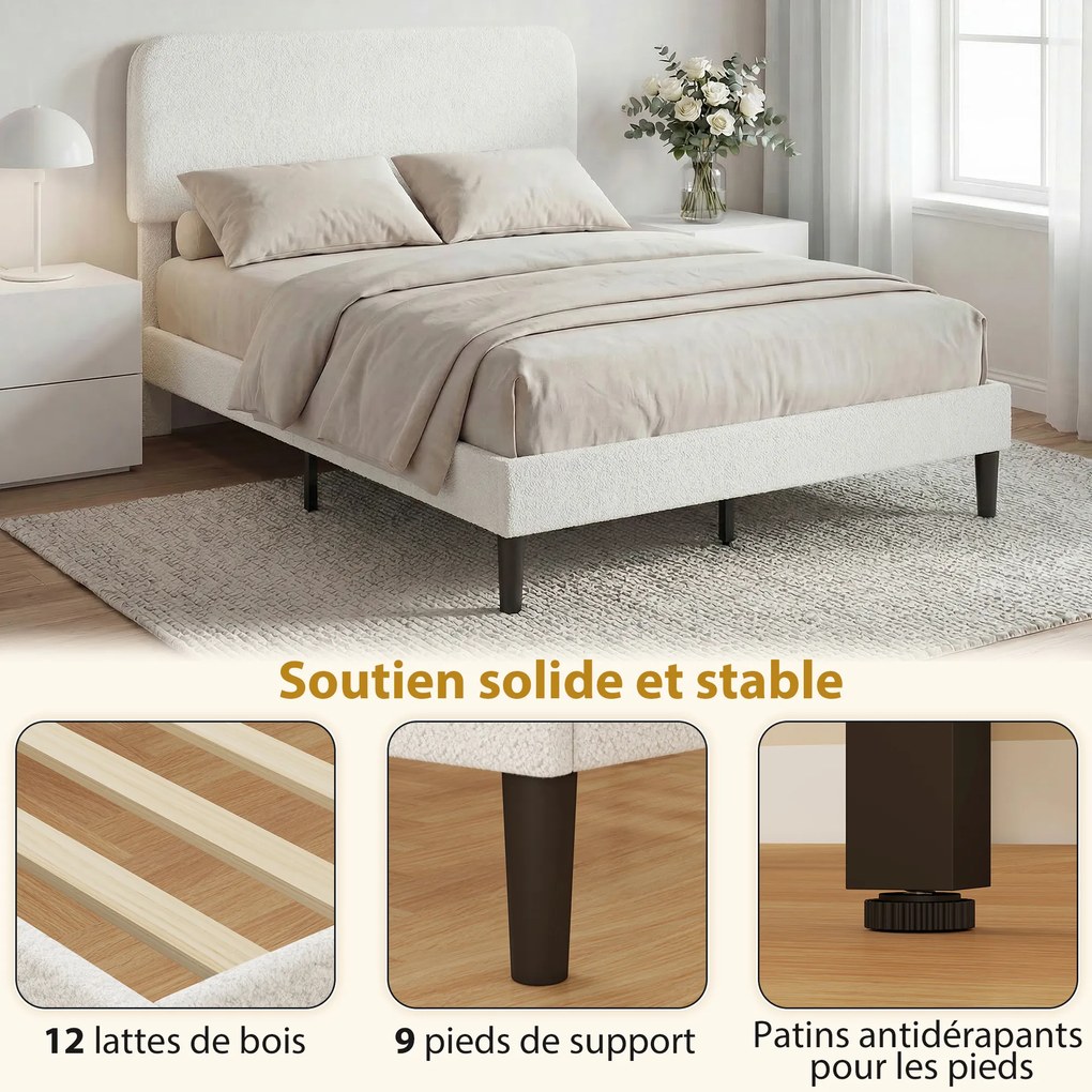 Estrutura de cama 140 x 190 cm com base de cama (COLCHÃO NÃO INCLUIDO), cabeceira ajustável, cama de casal estofada em veludo Teddy, ripas de metal, b