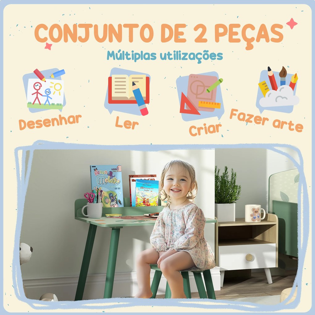 Mesa e Cadeira para Crianças com Prateleira para Livros Secretária para Crianças acima de 3 Anos Verde