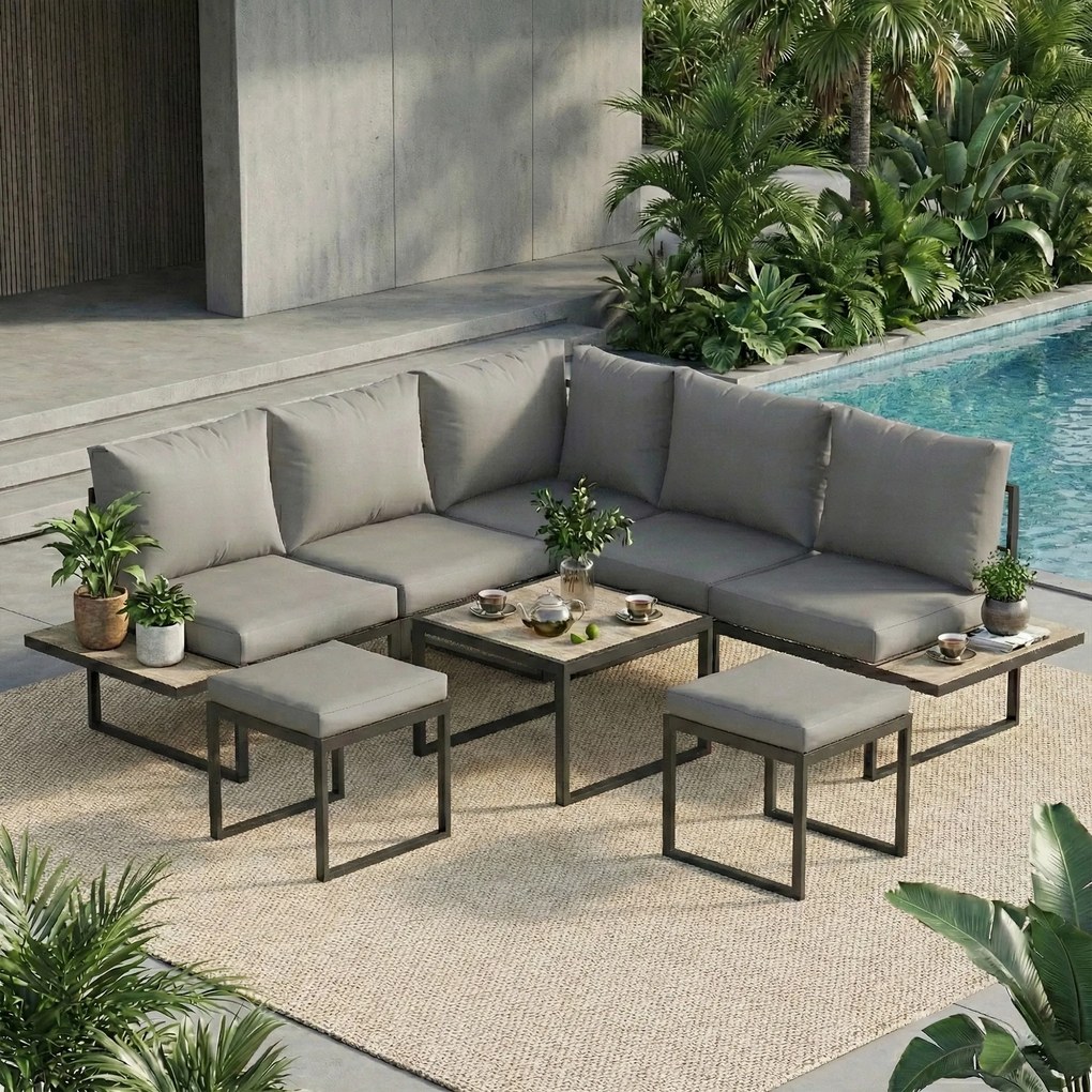 Conjunto de jardim para 6 pessoas, modular, com mesa baixa e extensões laterais em madeira PSPC e almofadas grossas de 10 cm, cinzentas