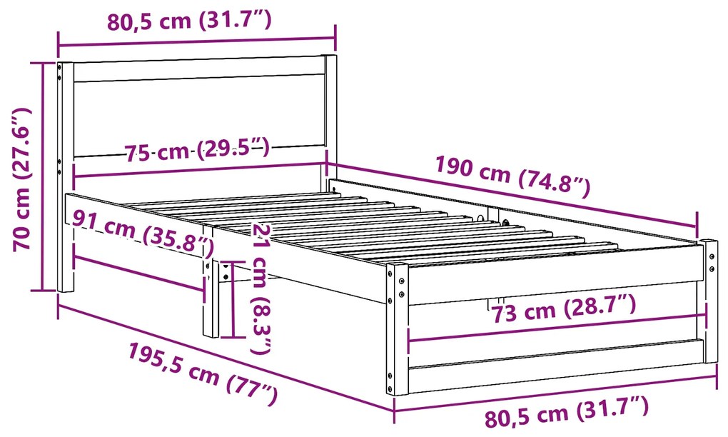 Estrado de Cama Branco Madeira de Pinho Maciça 75 x 190 cm