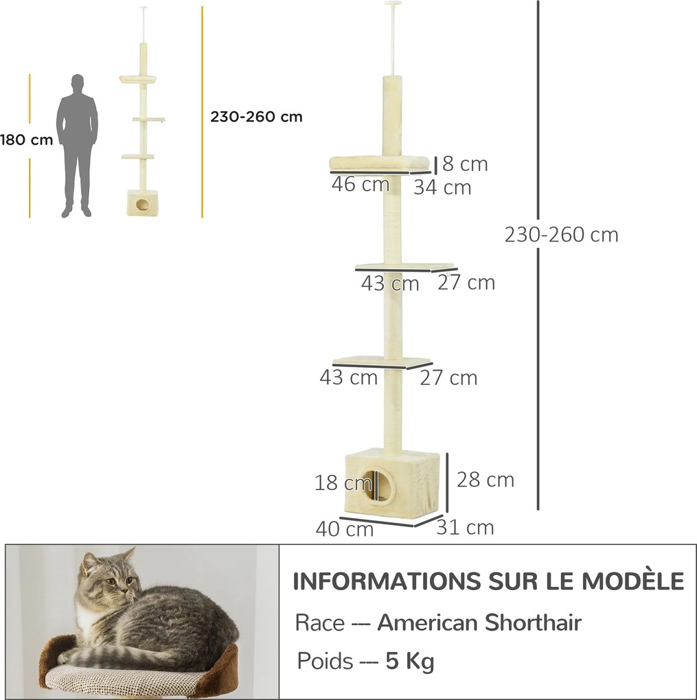 Arranhador para gatos com poste para arranhar, altura ajustável, 440 x 31 x 240–270 cm, 4 níveis de atividades com nicho