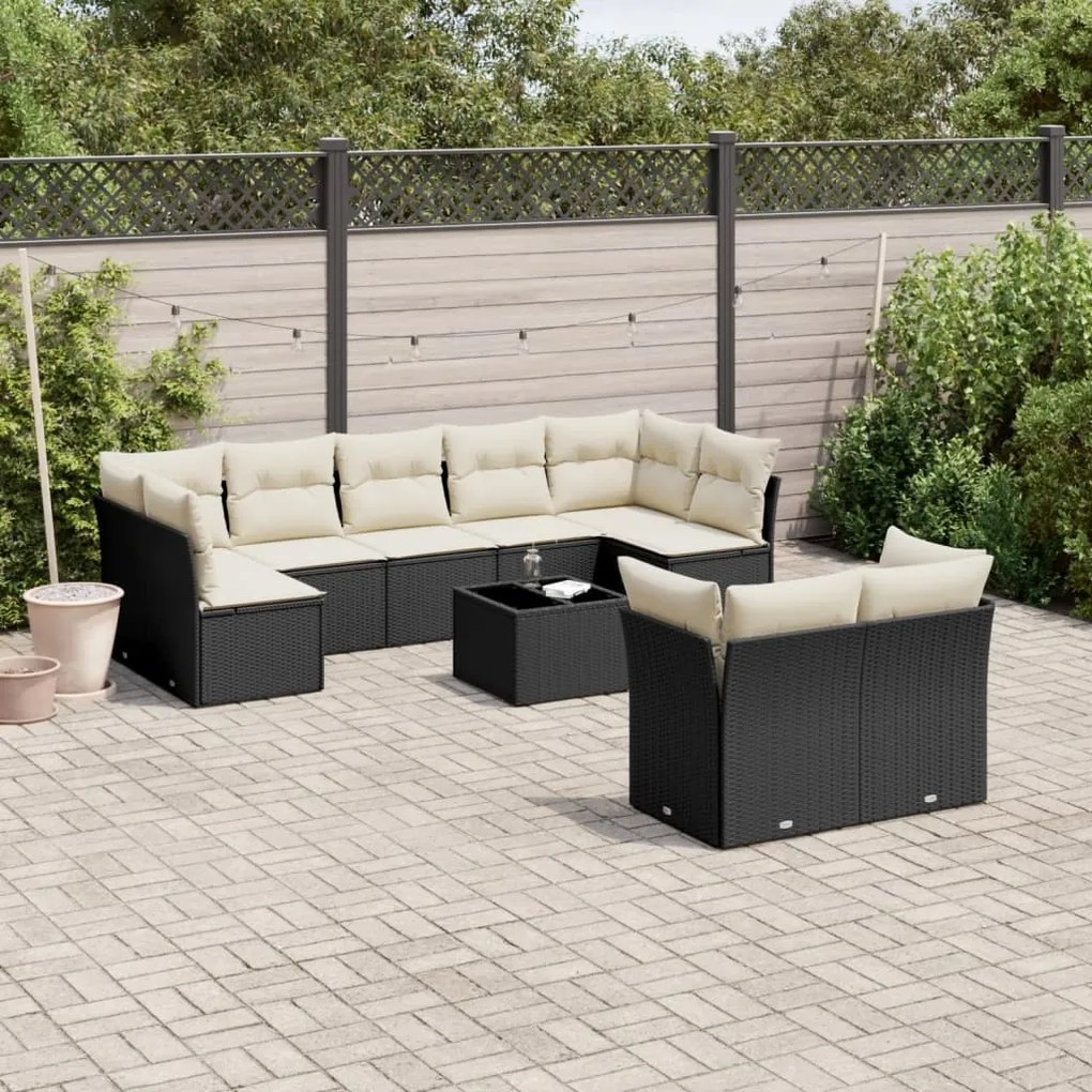 10 pcs conjunto sofás de jardim c/ almofadões vime PE preto