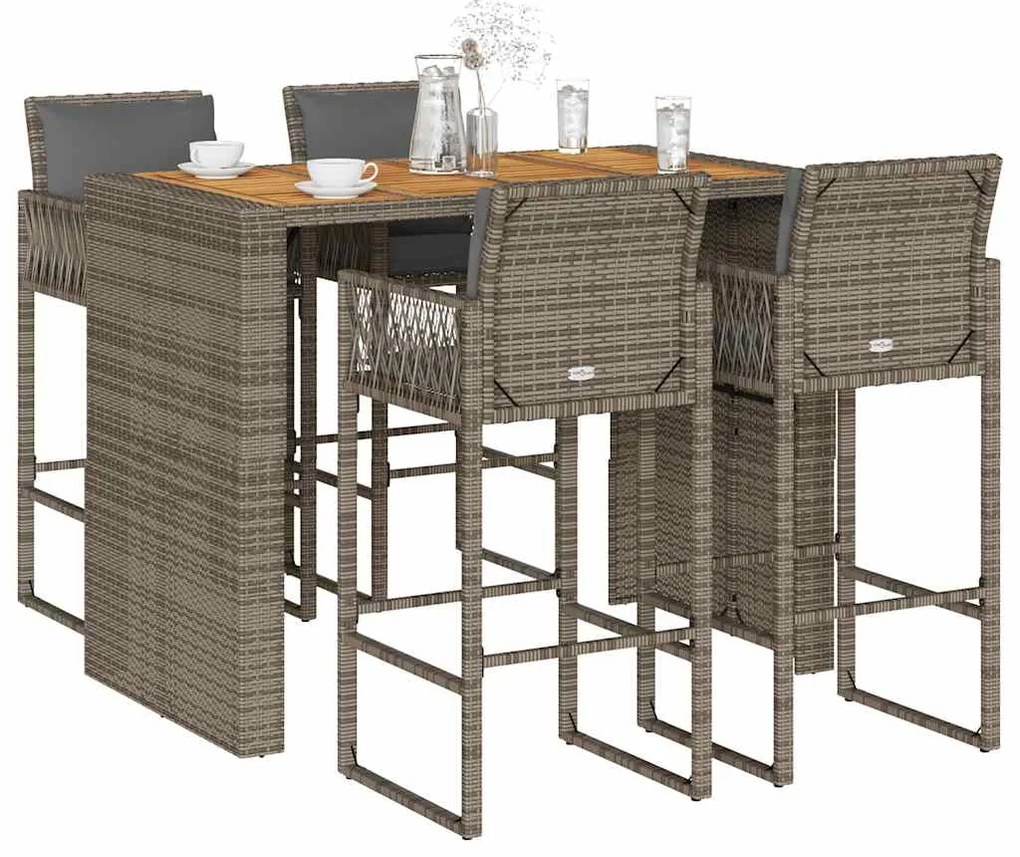 vidaXL 5 pcs conj. de bar jardim c/ almofadões vime PE/acácia cinzento