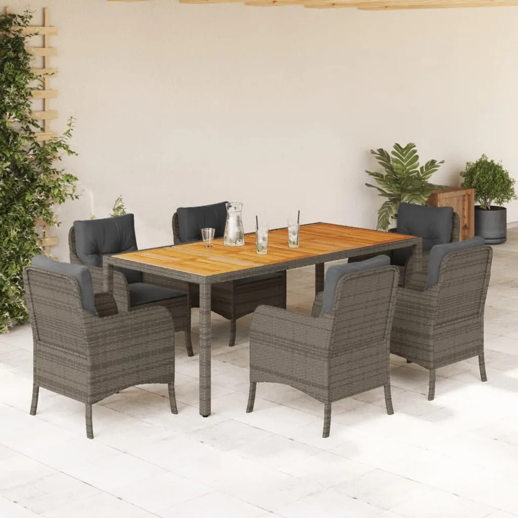 vidaXL 7 pcs conjunto de jantar p/ jardim c/ almofadões vime PE cinza