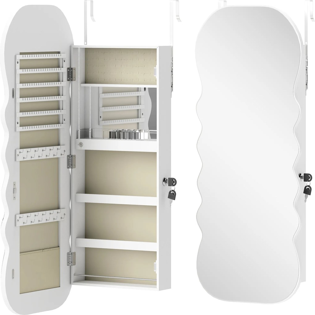 Espelho-Joalheiro com Luz LED Montado na Parede ou na Porta com Fechadura, Espelho de Corpo Inteiro Branco