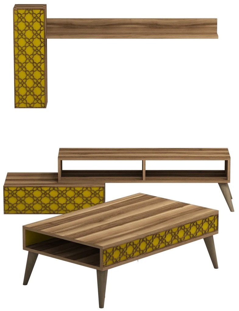 Conjunto de Mobiliário de Sala Planet – Nogueira e Amarelo – Tv Unit:
