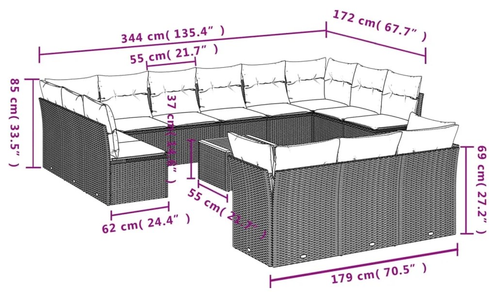 14 pcs conjunto sofás p/ jardim c/ almofadões vime PE cinzento