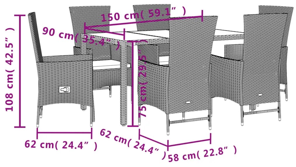 7 pcs conjunto de jantar p/ jardim com almofadões vime PE bege