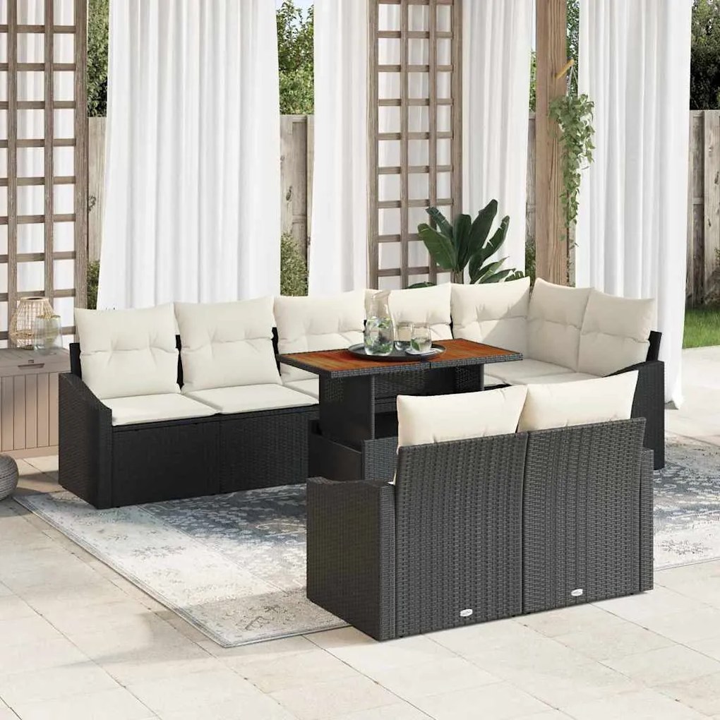 vidaXL Conjunto de Jantar para o Jardim com 9 Peças e Almofadas em Rattan Sintético Preto e Mesa de Madeira de Acácia