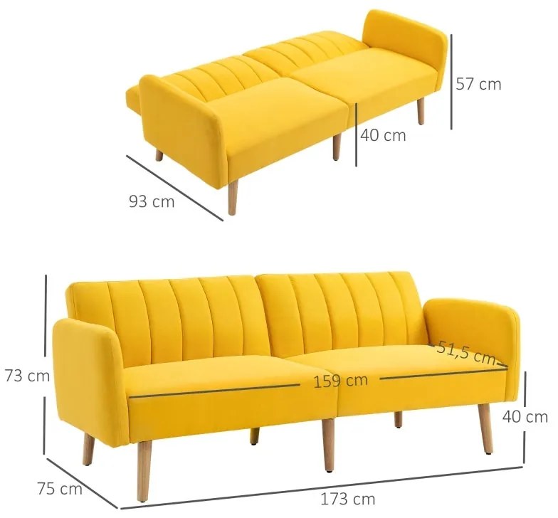 Sofá Cama de 2 Lugares com Encosto Ajustável - Amarelo - Design Escand