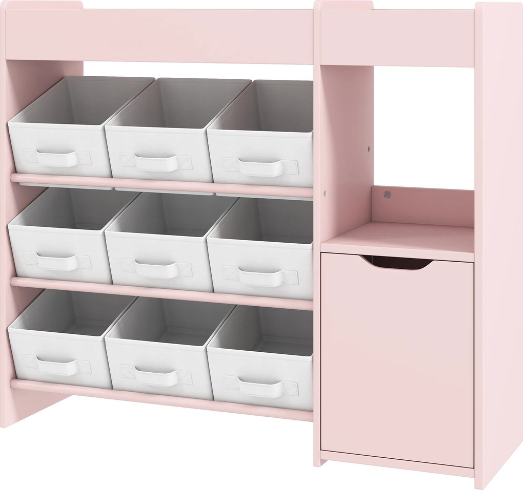 Móvel de arrumação infantil 92 x 30 x 80 cm estante para brinquedos com 9 gavetas em tecido e armário, cor-de-rosa