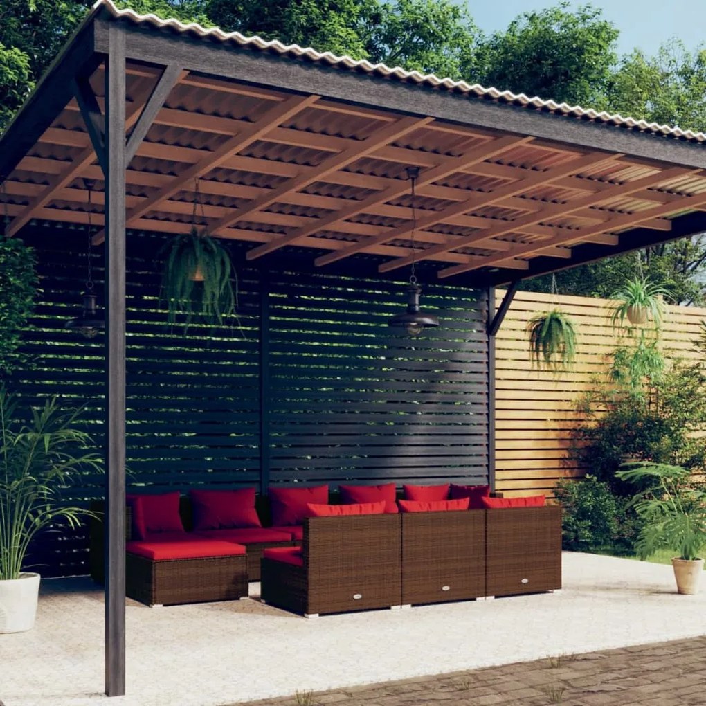 vidaXL 10 pcs conjunto lounge jardim c/ almofadões vime PE castanho