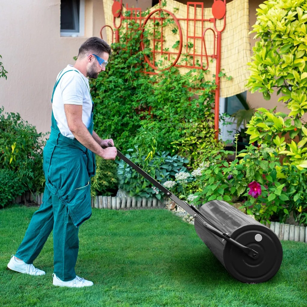 Rolo de relva metálico empurrar/puxar água/enchimento 113 L com pega amovível 99 x 40 x 146 cm Preto