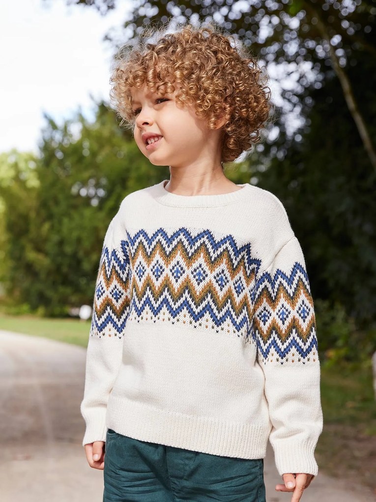 Camisola jacquard, com mangas compridas, para menino cru