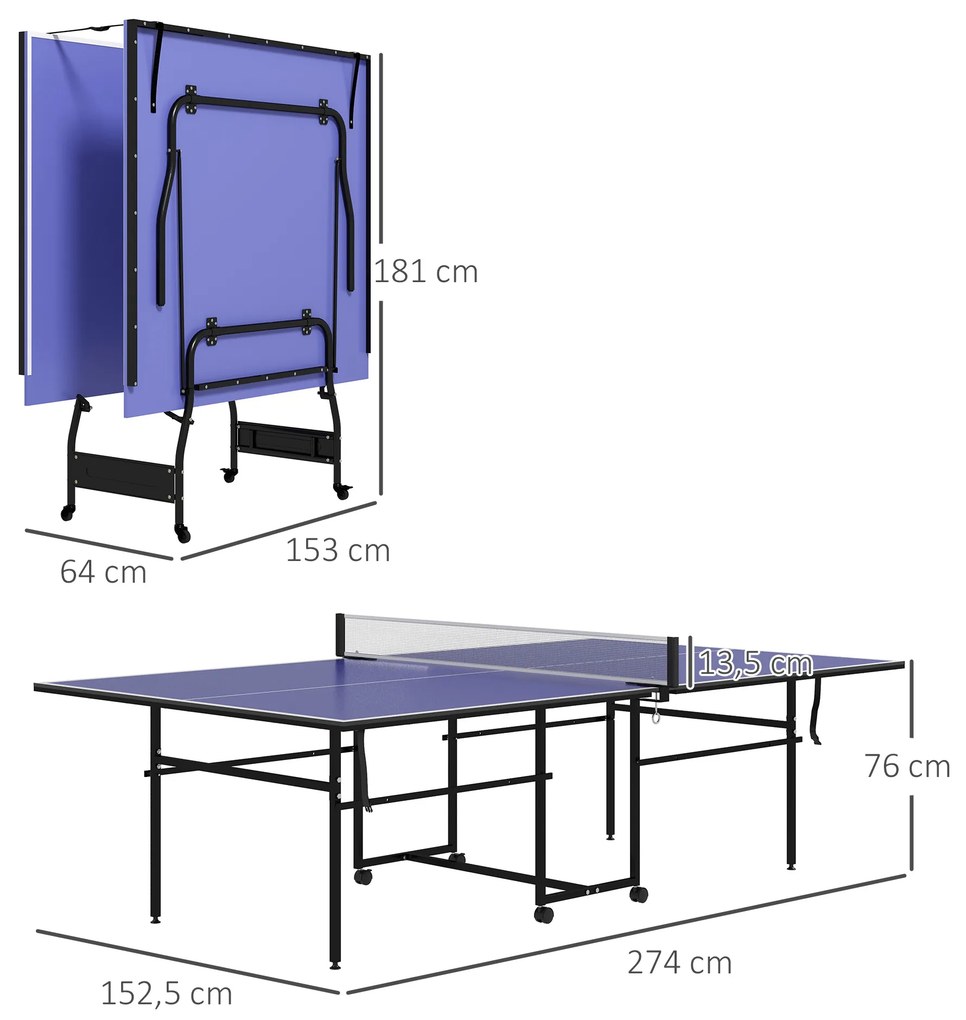 Mesa de Ping Pong Dobrável Profissional com Rodas Inclui 2 Raquetes e 3 Bolas para Interior e Exterior 274x152,5x76 cm Azul