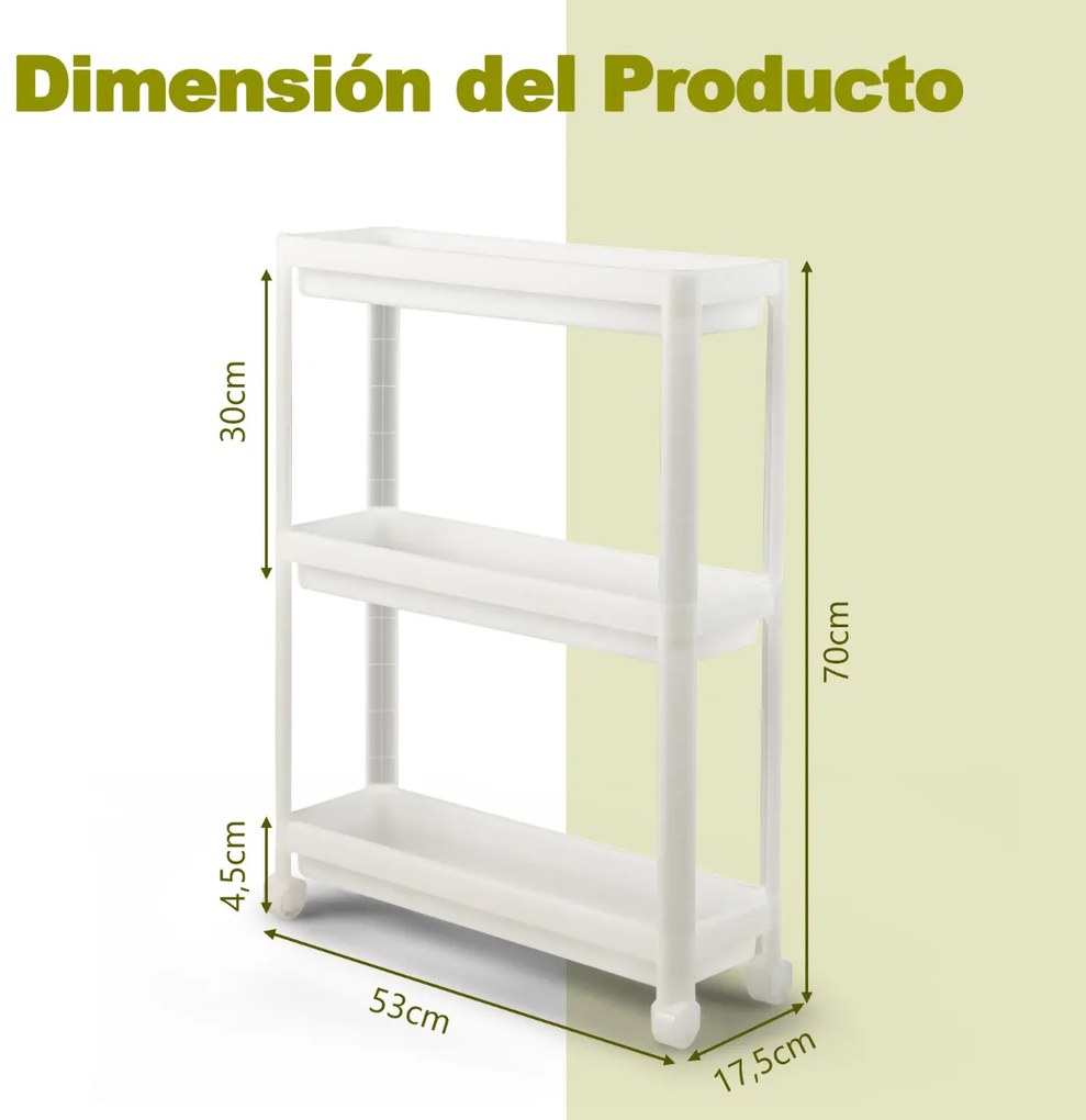 Conjunto de 2 carrinhos de armazenamento com rodas Carrinho deslizante estreito de 3 camadas para banheiro cozinha 53 x 17,5 x 70 cm branco