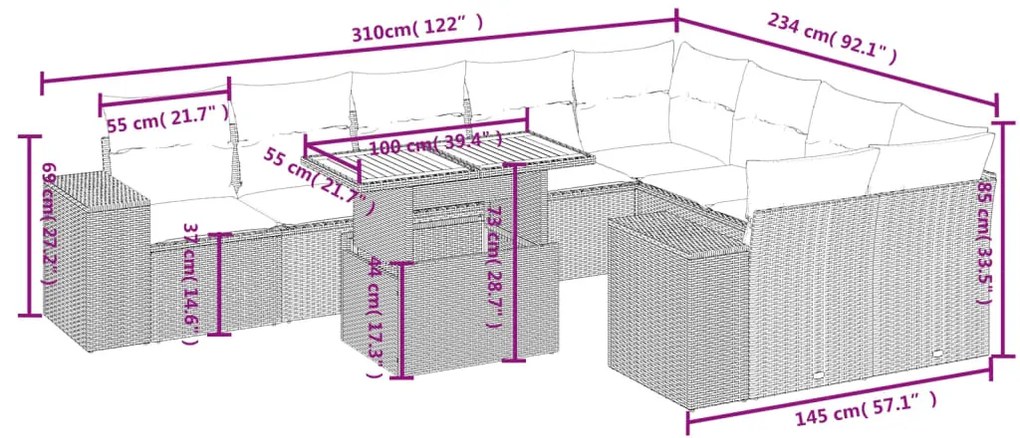 10 pcs conjunto sofás de jardim c/ almofadões vime PE preto