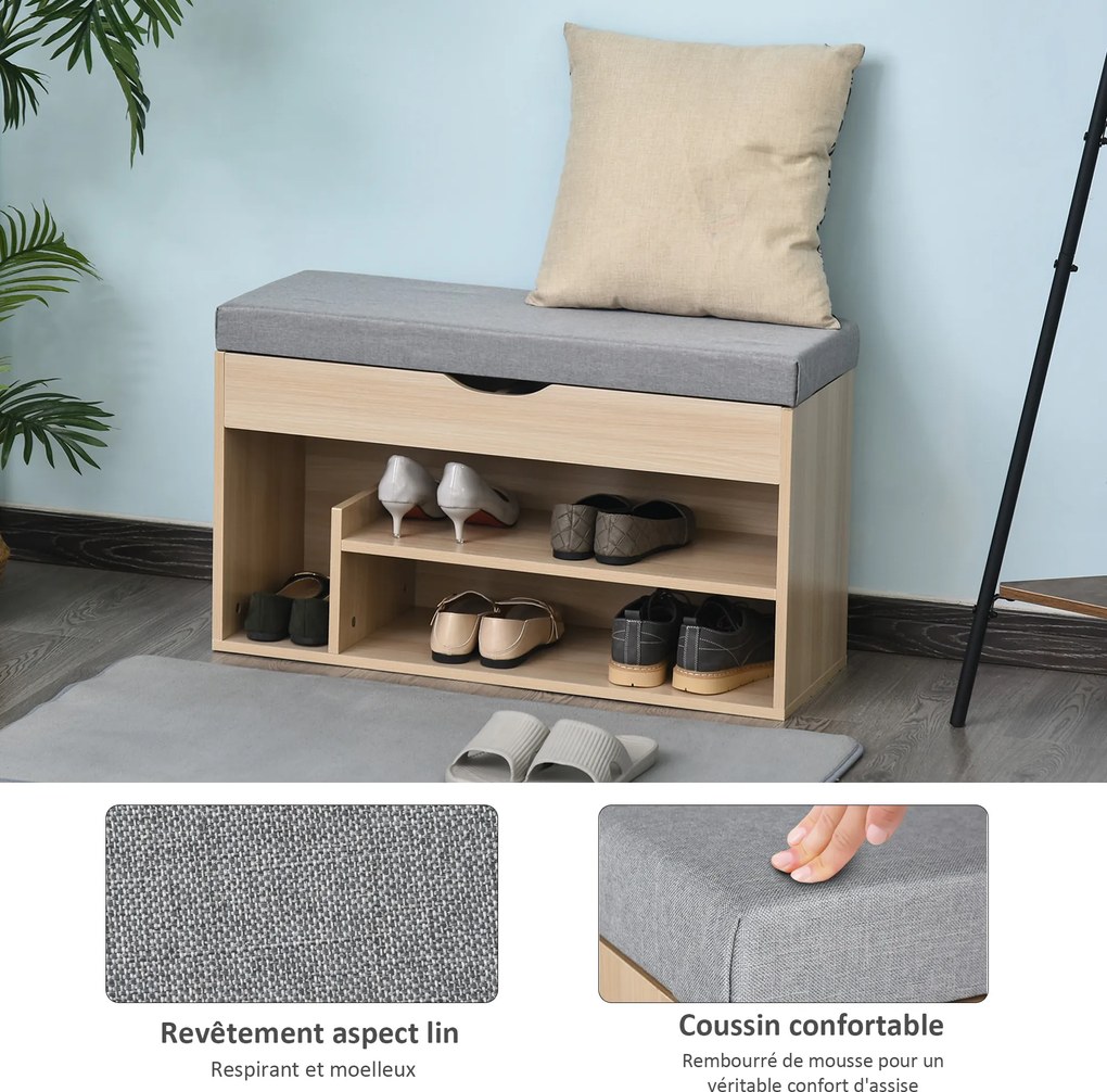Banco para sapatos com 2 níveis de arrumação 80 (L) x 30 (P) x 48 (A) cm, compartimentos abertos + baú integrado com almofada bege-cinzenta