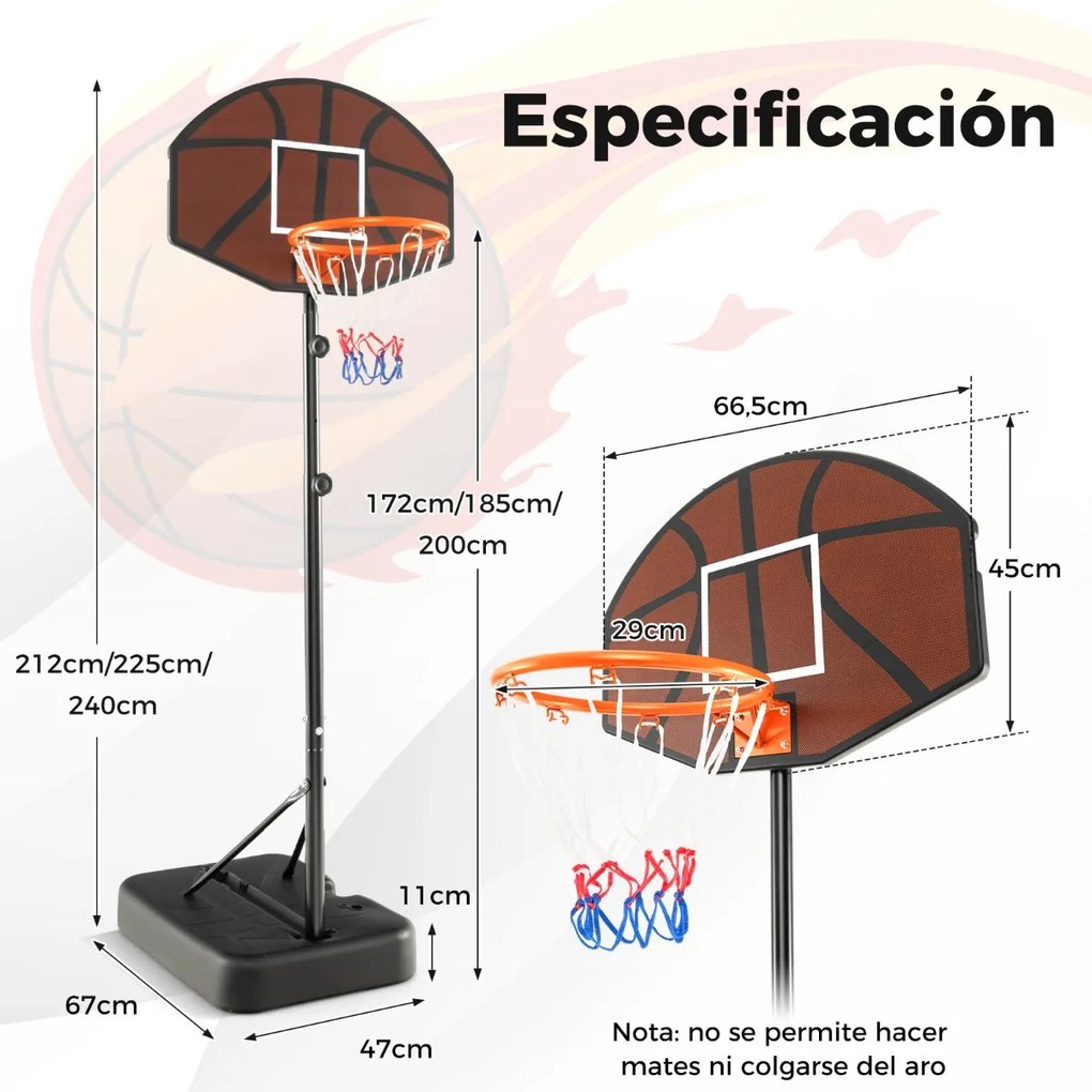 Cesto de basquetebol 172-200 cm  para crianças Sistema portátil de baliza de basquetebol com tabela inquebrável Base estável enchível