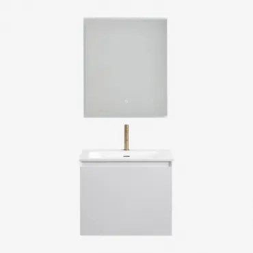 Conjunto De Móvel De Casa De Banho Suspenso Em Madeira Com Lavatório Integrado Macrae Branco & Led Retangular E Anti-embaciamento 60x70 Cm - Sklum