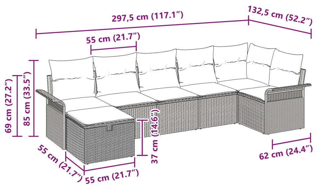 Conjunto de Sofás de Jardim de 7 Peças com Almofadas Cinza Vime PE