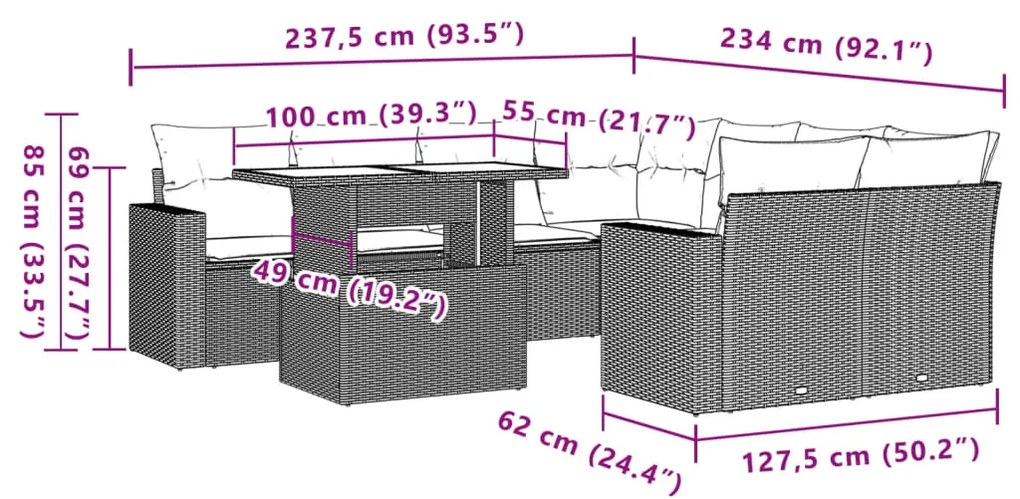 9 pcs conjunto de sofás p/ jardim com almofadões vime PE bege