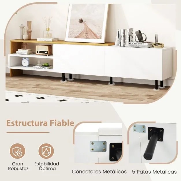 Móvel de TV 181 x 31 x 41 cm moderno com prateleiras de armazenamento Branco e Natural