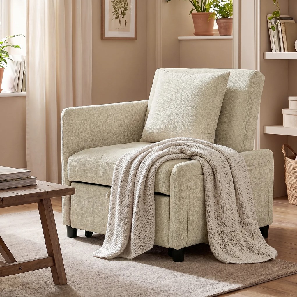 Poltrona-cama de 1 lugar, poltrona-cama clic-clac 4 em 1 com estofo em chenille, encosto ajustável, assento largo, bege