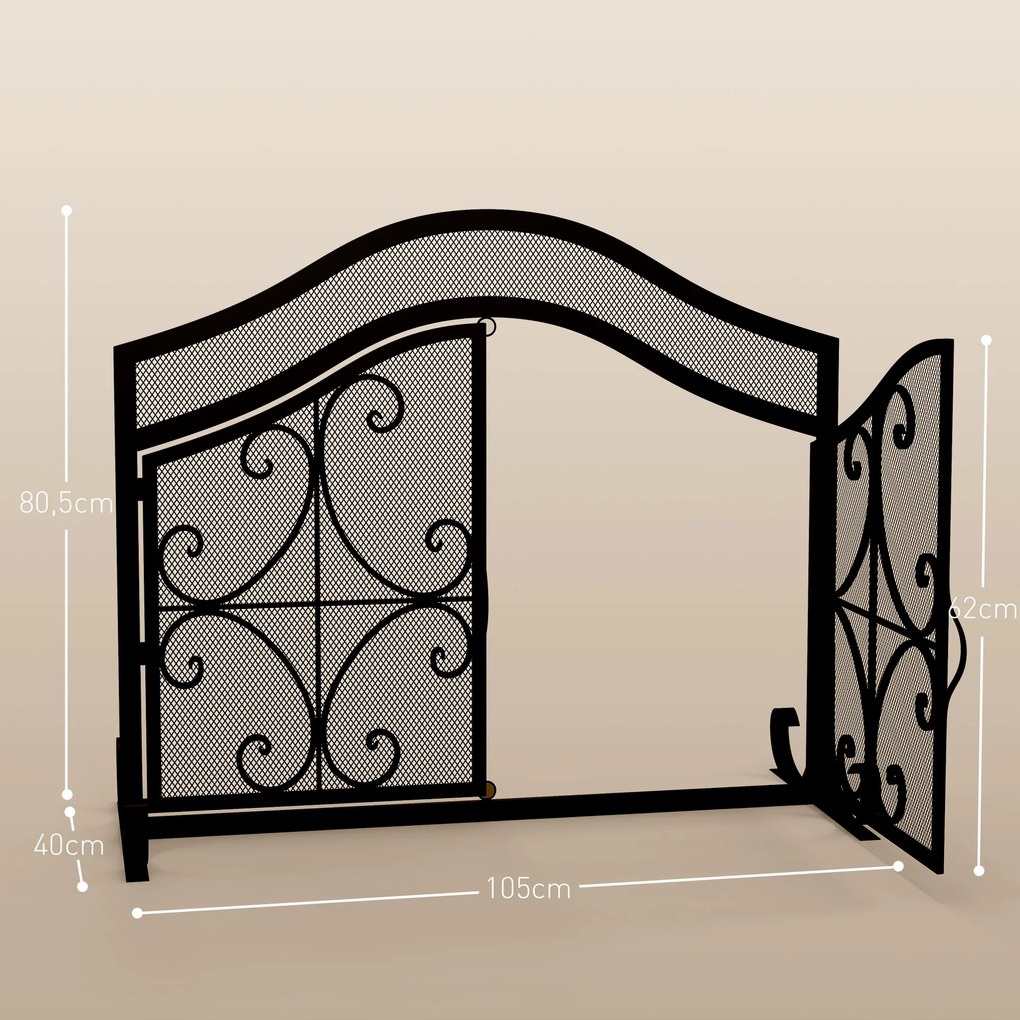 Grelha de proteção para lareira, painel único em malha de aço, 105 x 40 x 80,5 cm, preta