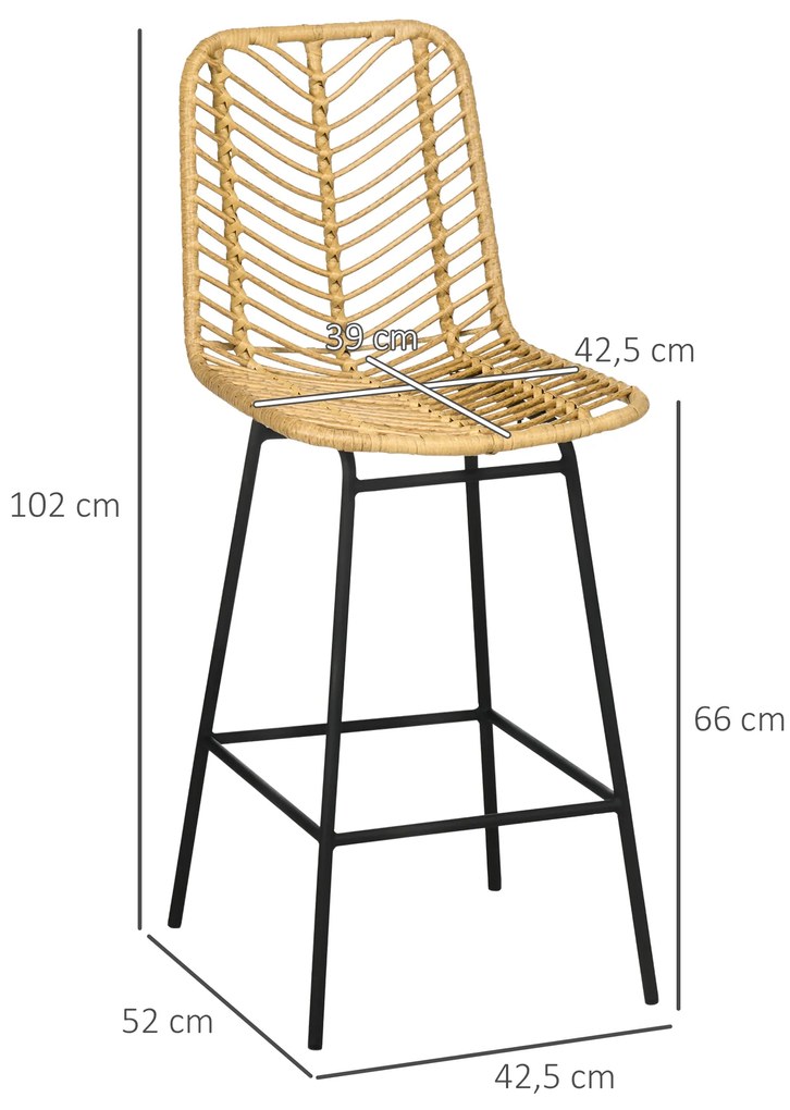 Bancos Altos de Cozinha em Vime Sintético Bancos de Bar Modernos com Pés de Aço 42,5x52x102 cm Madeira e Preto