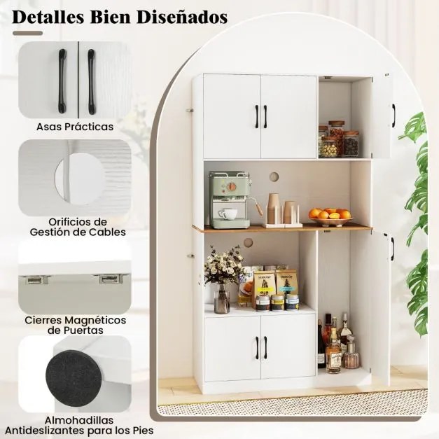 Armário de armazenamento Cozinha 100 x 40 x 180 cm com tomada elétrica 4 armários Compartimento aberto Branco