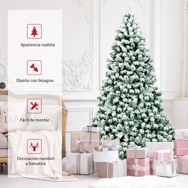 Arvore natal com neve artificial de 225 cm Iluminado com dobradiça 550 luzes LED Base metálica dobrável Verde