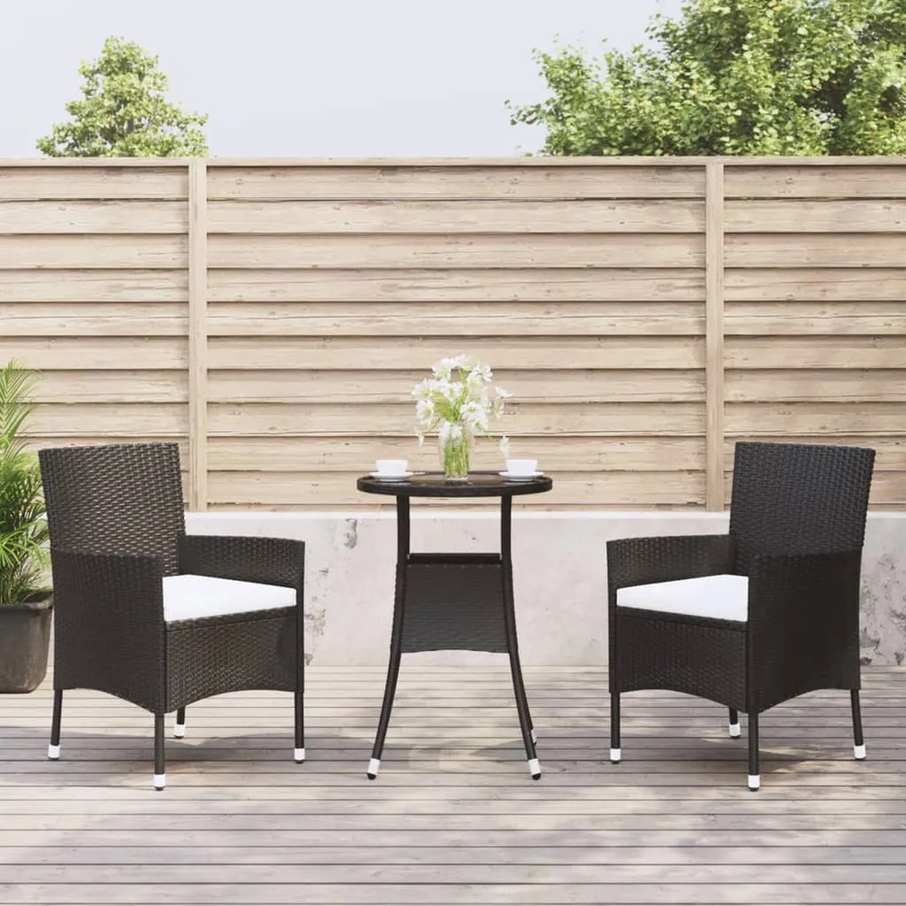vidaXL 3 pcs conjunto bistrô de jardim c/ almofadões vime PE preto