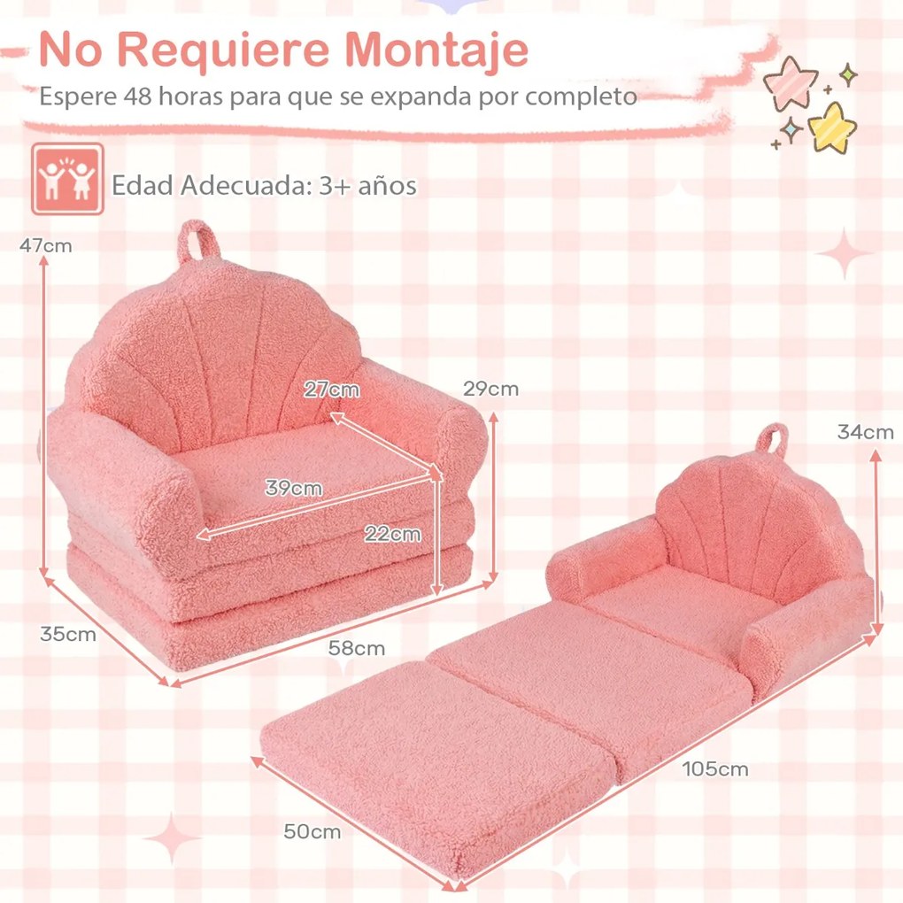 Sofá dobrável 2 em 1 em forma de concha para crianças, convertível em cama com braços, capa removível e base antiderrapante, para maiores de 3 anos, c