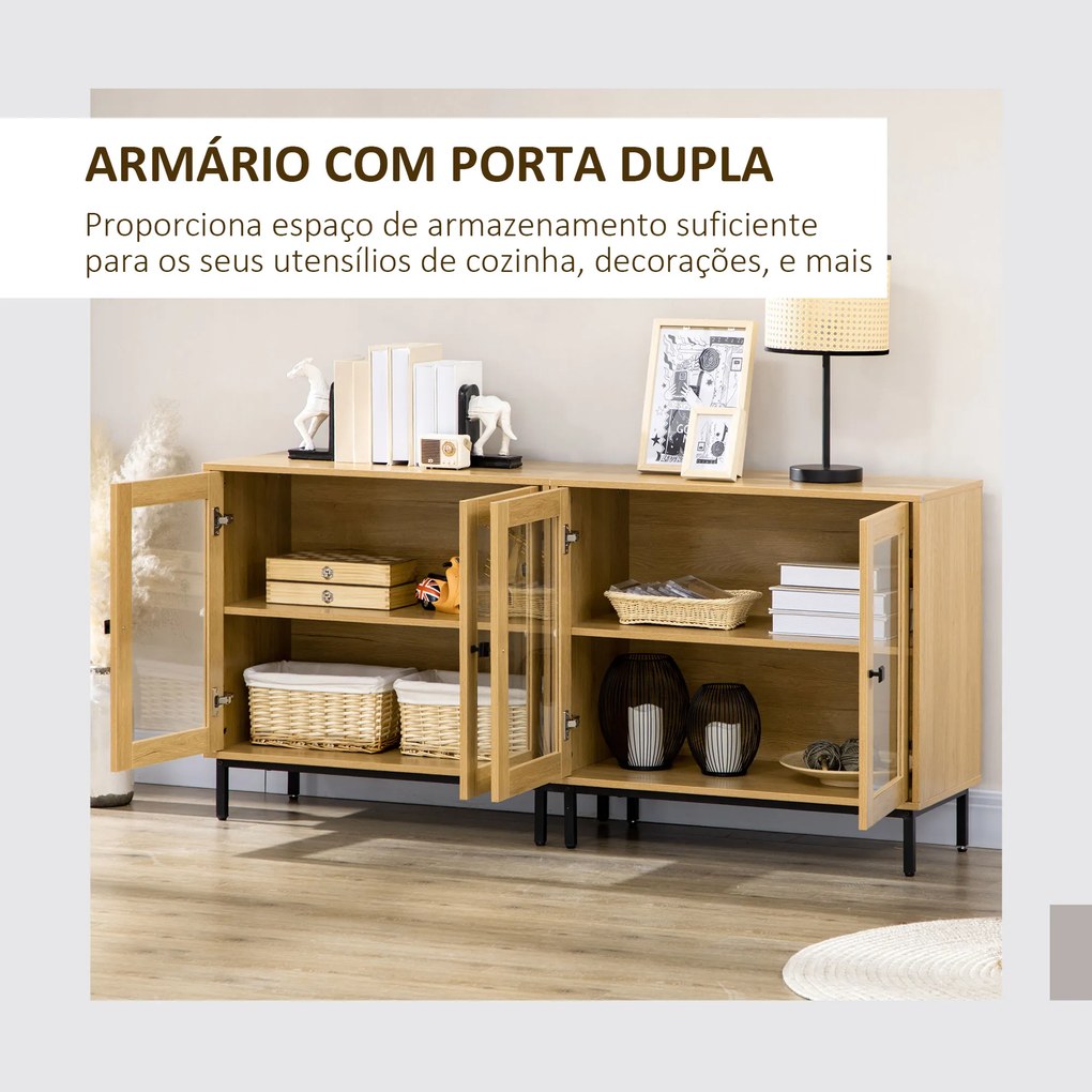HOMCOM Conjunto de 2 Aparadores de Cozinha Aparador para Sala de Estar com Portas de Vidro e Pés de Metal para Sala de Jantar Dormitório 160x40x76cm Carvalho e Preto