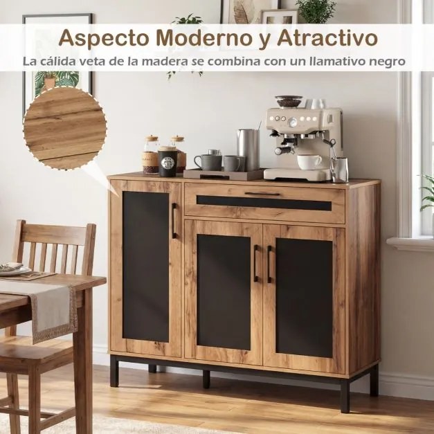 Aparador, armario cozinha rústico-moderno 120 x 41 x 95 cm com gaveta e prateleiras removíveis, 3 portas tom natural