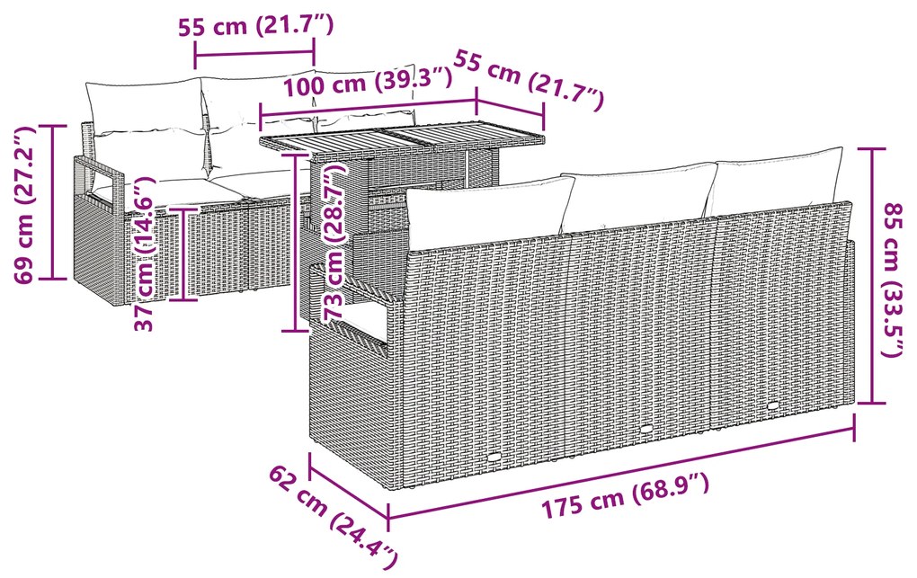 Conjunto de Sofá de Jardim vidaXL de 7 Peças com Almofadas Bege Vime P