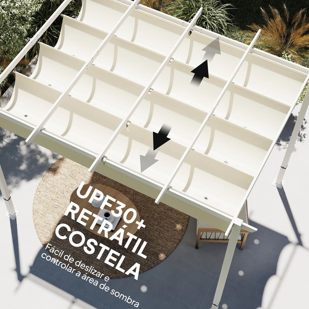 Pérgola de Jardim 4x3 m com Teto Retrátil Proteção UPF30+ Drenagem Pérgola de Exterior para Terraço Bege