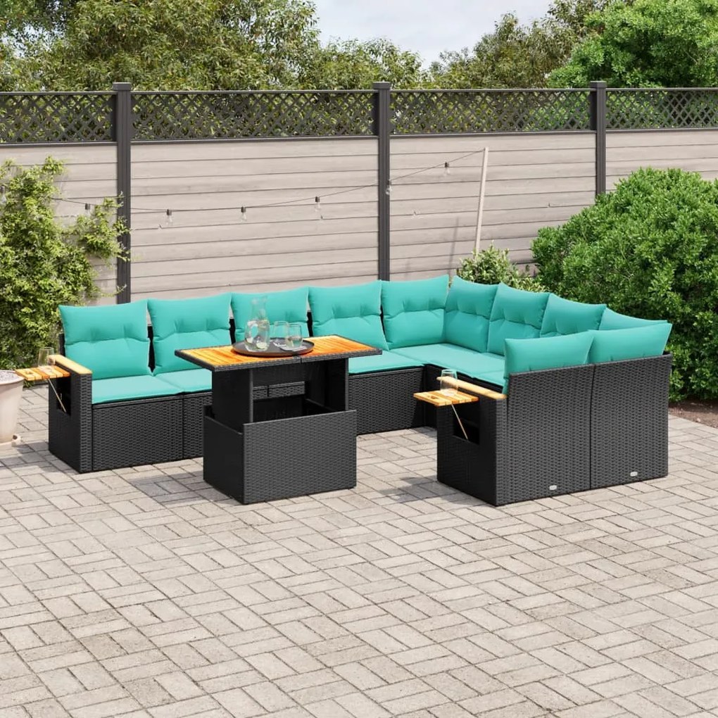 vidaXL 10 pcs conjunto de sofás p/ jardim c/ almofadões vime PE preto