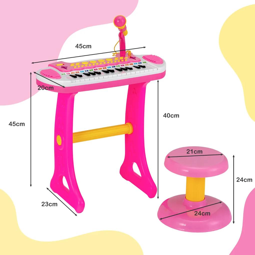 Conjunto de teclado para crianças de 31 teclas Instrumento Musical Portátil Microfone de Múltiplos Sons Banqueta ajustável para crianças de 3+ anos Ro